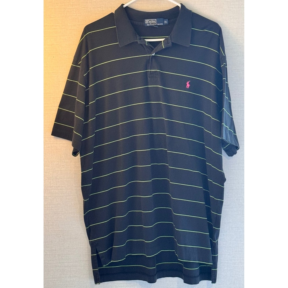 Polo Ralph Lauren Men's Short Sleeve Black & Lime Green Striped Polo Pink Horse